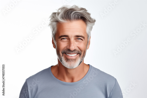 Photo portrait of a handsome 40s old mature man smiling with clean teeth. For a dental ad. Man with fresh stylish hair and beard, grey T-shirt. Isolated on white background
