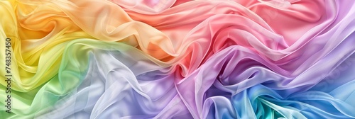 Pastel Rainbow Silk Background, Ruffle Banner, Folded Textile Waving Texture, Silk Waves Mockup