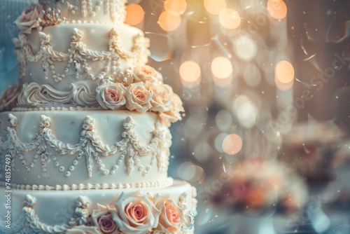 Wedding Cake, Luxury Marriage Dessert, Elegant Decorated Wedding Cake, Copy Space