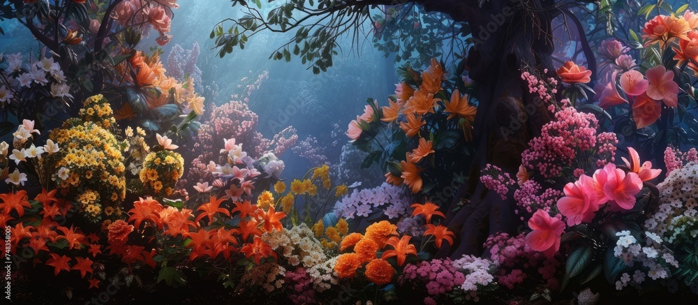 An underwater scene showcasing a variety of colorful flowers blooming amidst the aquatic environment. The vibrant plants add a pop of color to the serene underwater world, creating a unique and
