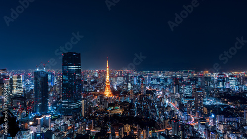 Fototapeta Naklejka Na Ścianę i Meble -  Tokyo central area city view with Azabudai Hills and Tokyo Tower at night.