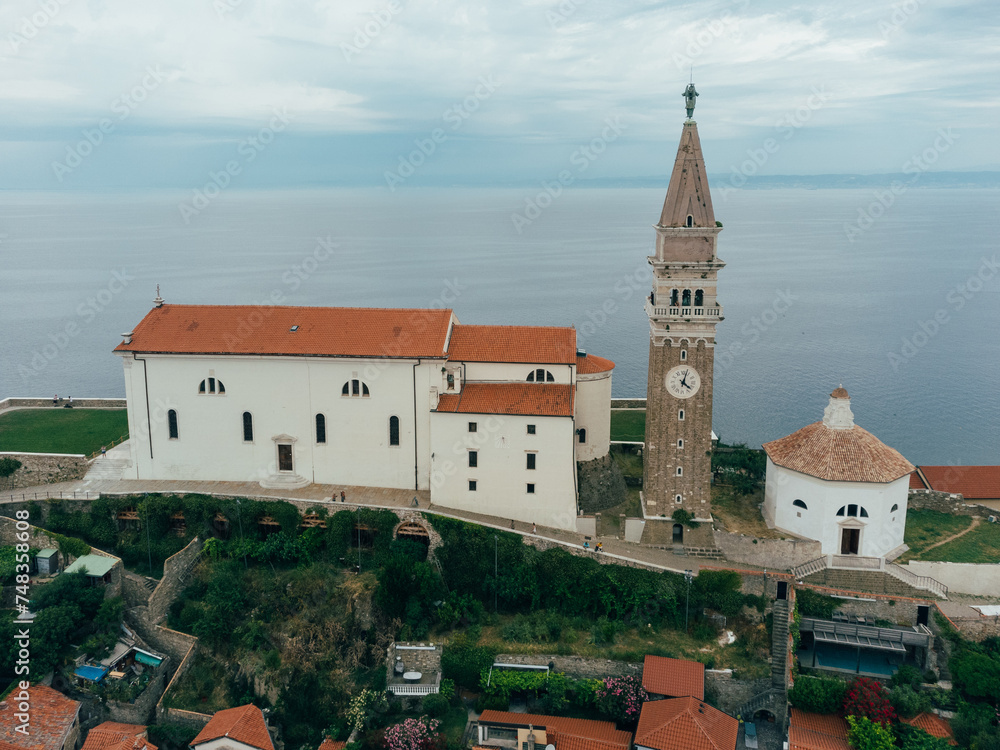 Piran Church with Clock Tower, Cerkev Svetega Jurija, Aerial View, Slovenia