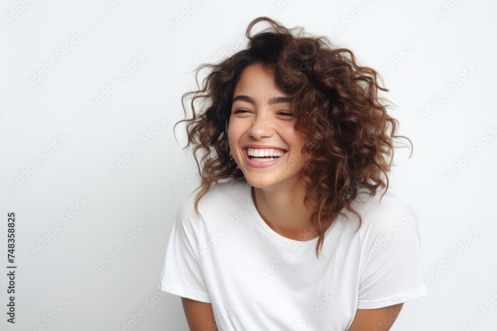 Portrait of a beautiful young woman with curly hair laughing against white background Portrait of a beautiful young woman with curly hair laughing against white background