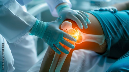 Physician Examining Patient's Knee Joint in Clinic. Generative ai photo