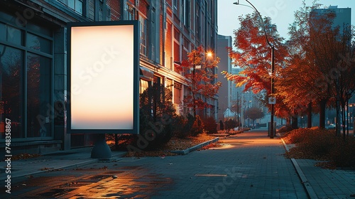 Side view of a white pylon stand with a brick building, an empty advertising tower for commercial information. Template for advertising with a clear rectangular monitor or light box photo