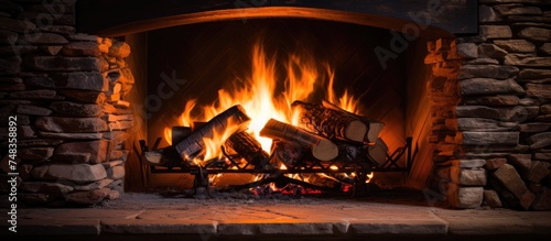 A closeup view of a fireplace with logs burning brightly, flames crackling and dancing. The logs are ablaze, radiating warmth and light into the room.