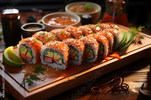 sushi rolls garnished with sesame on a wooden plate, inviting a taste of Japanese cuisine