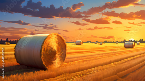 Large rolls of hay in field after harvest  rural landscape with rolls of hay in mature wheat field