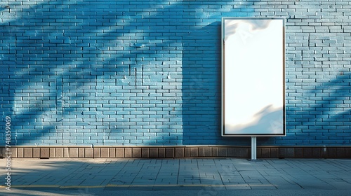 Side view of a white pylon stand with a brick building, an empty advertising tower for commercial information. Template for advertising with a clear rectangular monitor or light box photo