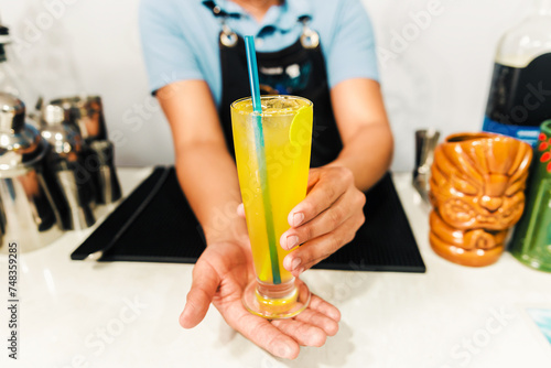 The bartender preparing a refreshing colorful drink