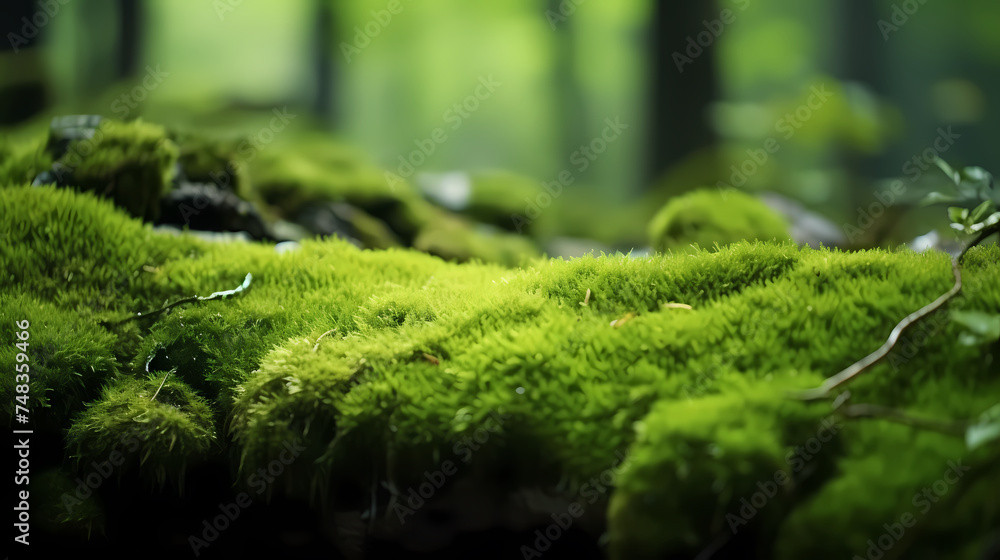 Beautiful bright green moss growing on rough stones Beautiful bright green moss growing on rough stones