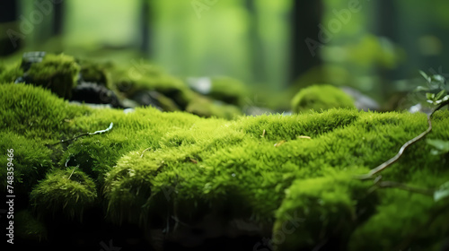 Beautiful bright green moss growing on rough stones