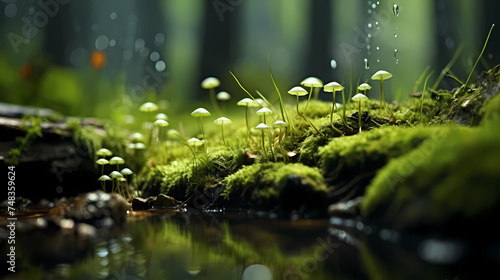 Beautiful bright green moss growing on rough stones © jiejie
