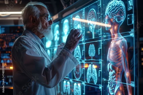 Doctor examines human body on innovative monitor