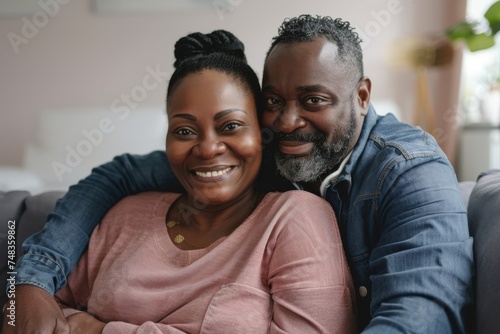Happy African American couple smiling on sofa