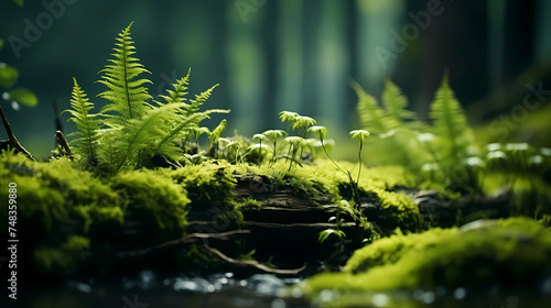 Beautiful bright green moss growing on rough stones