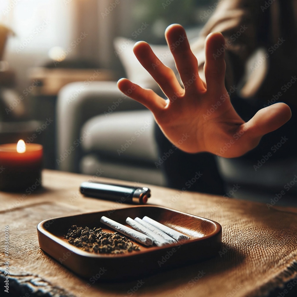 Man refuses or rejects to smoke cannabis joint. Stopping hand sign ...