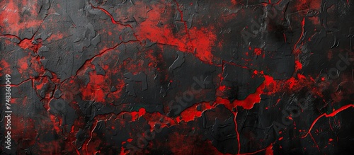 A black and red painting with textured streaks of red dominating the canvas. The colors create a striking contrast, with hints of scratches and cracks adding depth to the composition.