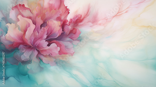 Watercolor abstract background with big red peony.
