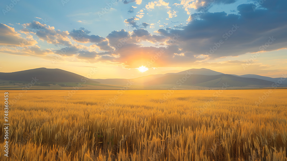A breathtaking landscape at sunrise, with vibrant hues painting the sky over a vast field of golden wheat