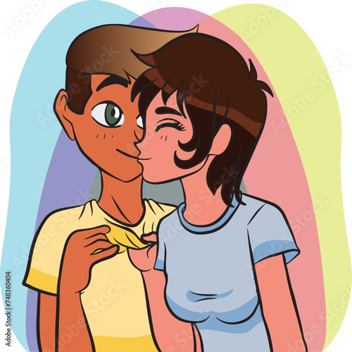 Young couple kissing on the mouth. in love. Valentine's Day. Cute people having a date. Image isolated on transparent background.