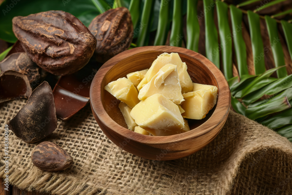 Cocoa butter pieces in a wooden bowl, with cocoa pods, chocolate, and green leaves, on a rustic background, showcasing raw chocolate ingredients. Cocoa butter pieces in a wooden bowl, with cocoa pods, chocolate, and green leaves, on a rustic background, showcasing raw chocolate ingredients.