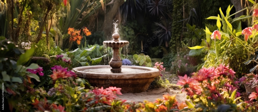 A garden featuring a fountain as its central focal point, encircled by an array of vibrant flowers and green plants. A garden featuring a fountain as its central focal point, encircled by an array of vibrant flowers and green plants.