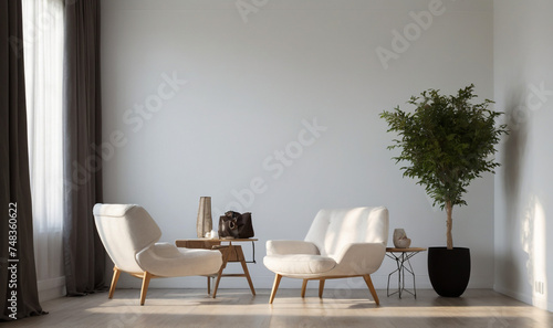 Living room interior with fabric armchair ,lamp, book and plants on empty wall background, Modern living room interior with sofa and green plants, lamp, table on dark wall background.