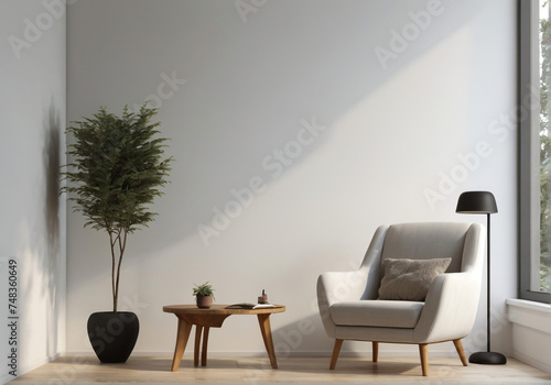 Living room interior with fabric armchair ,lamp, book and plants on empty wall background, Modern living room interior with sofa and green plants, lamp, table on dark wall background.