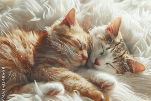 Two cats with ginger and striped coats sleeping and cuddling on a white fluffy blanket