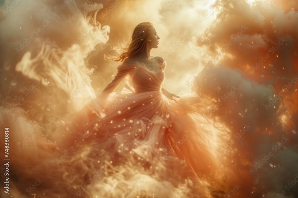 Naklejka premium A girl in a pink tulle dress takes magical steps in a golden hou