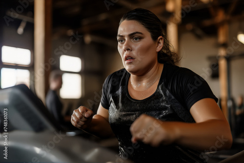 A focused woman runs on a treadmill in a gym, her face showing determination and sweat glistening on her skin. photo