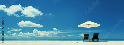 Ombrellone bianco con due sdraio in una spiaggia d'estate con sabbia bianca, mare e cielo blu, panorama di vacanza photo