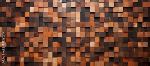 A close-up view of a wooden wall composed of various scraps arranged in a pattern of squares. The different shades and textures of the wood create an interesting and visually appealing background. © Vusal