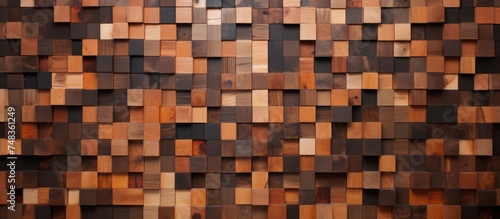 A close-up view of a wooden wall composed of various scraps arranged in a pattern of squares. The different shades and textures of the wood create an interesting and visually appealing background.