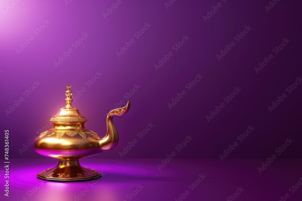 Golden magic lamp on bright and purple background Golden magic lamp on bright and purple background