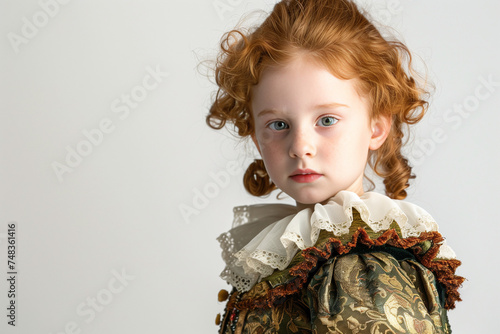 Portrait of little girl dressed in a royal costume. Cute girl with blue eyes and curly red hair, dressed in a vintage costume from the Renaissance or Elizabethan era. Child in masquerade clothing.