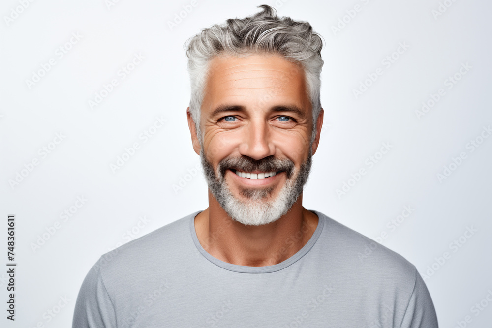 Photo portrait of a handsome 40s old mature man smiling with clean teeth. For a dental ad. Man with fresh stylish hair and beard, grey T-shirt. Isolated on white background - obrazy, fototapety, plakaty 