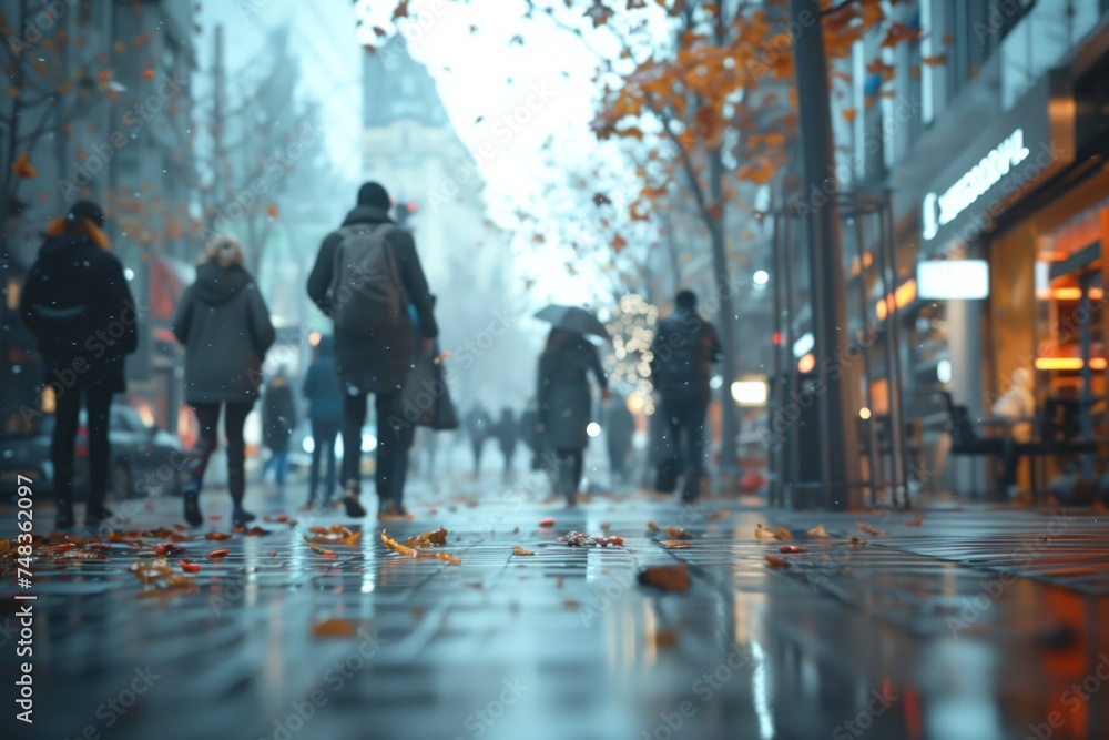 People walking in the city on a rainy day