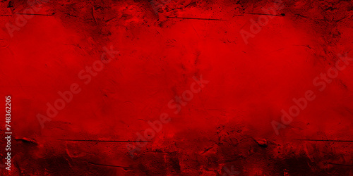 Red grunge background with scratches dirty scarlet burgundy cement textured wall. Vintage wide long backdrop for design web banner photo