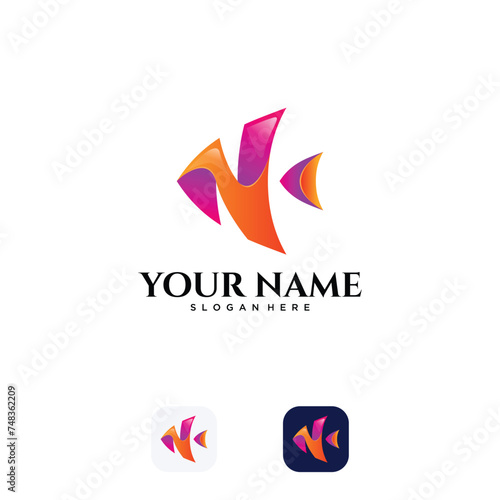 Abstract and modern N letter shape Fish logo design