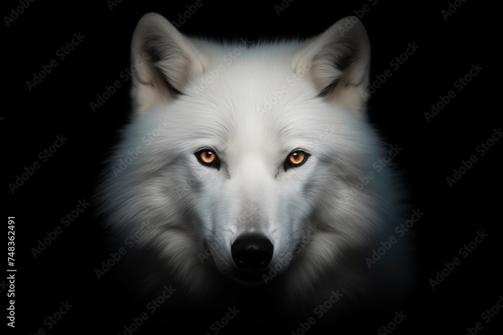 A majestic white wolf with piercing amber eyes emerges from the darkness, focusing intently forward. A majestic white wolf with piercing amber eyes emerges from the darkness, focusing intently forward.