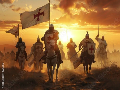 Warriors under the banner of the Knights Templar seek the Holy Grail as the sun sets merging myth with mission