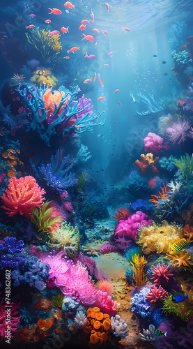 a colorful coral reef in the ocean with fish swimming around © Nadtochiy