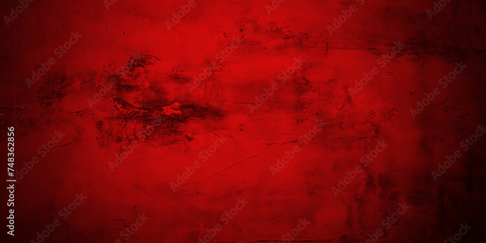 Red grunge background with scratches dirty scarlet burgundy cement textured wall. Vintage wide long backdrop for design web banner - obrazy, fototapety, plakaty 