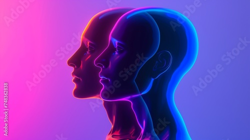 3d render human head shapes in neon colors on gradient background. Futuristic holographic artificial intelligence robots. Face identification. Virtual reality concept. Glowing light head model.