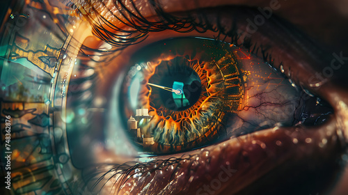 a close up of a person s eye with a clock in the background and a digital eyeball