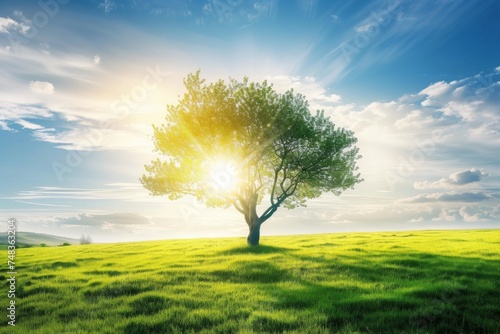 A solitary tree stretching its branches toward the radiant sun above