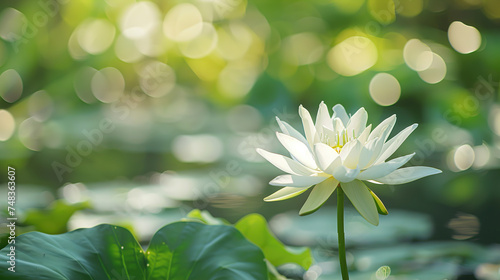 Close-up of a delicate lotus flower in full bloom ~ A blooming waterlily showing its natural beauty and elegance among green leaves blurred background effect