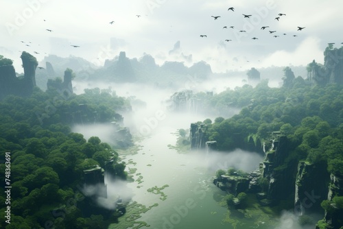 A tranquil scene with a meandering river surrounded by misty mountains. Birds gracefully glide above, adding a touch of freedom and tranquility to the breathtaking landscape.